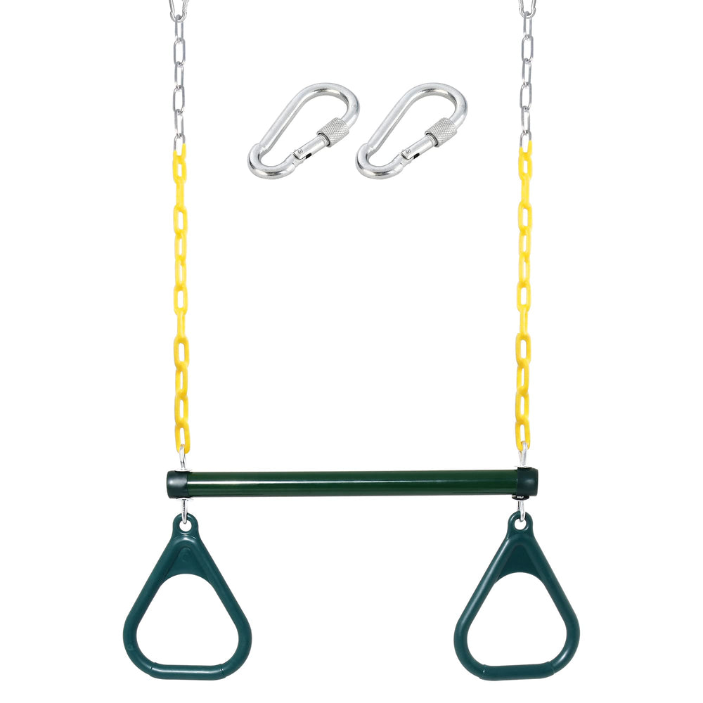Take Me Away trapeze bar with rings for backyard play and sturdy grip.