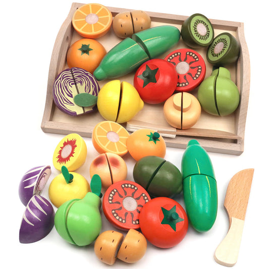 Take Me Away wooden cutting fruit set on a tray for imaginative pretend play.