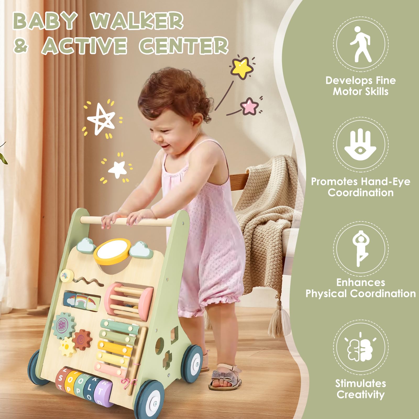 Takeeyce wooden walker back storage for toys and snacks on the go