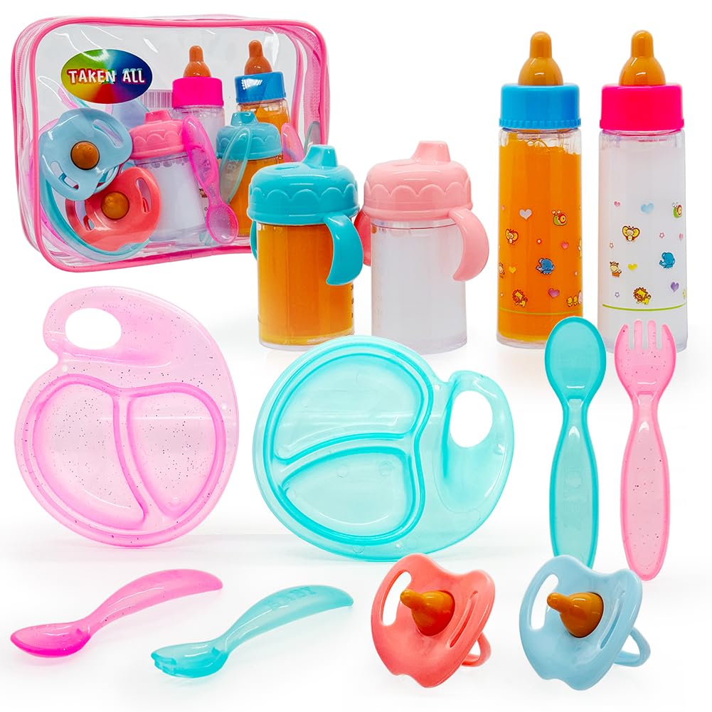 Taken All Baby Doll Magic Bottle Set with four bottles for realistic pretend feeding.
