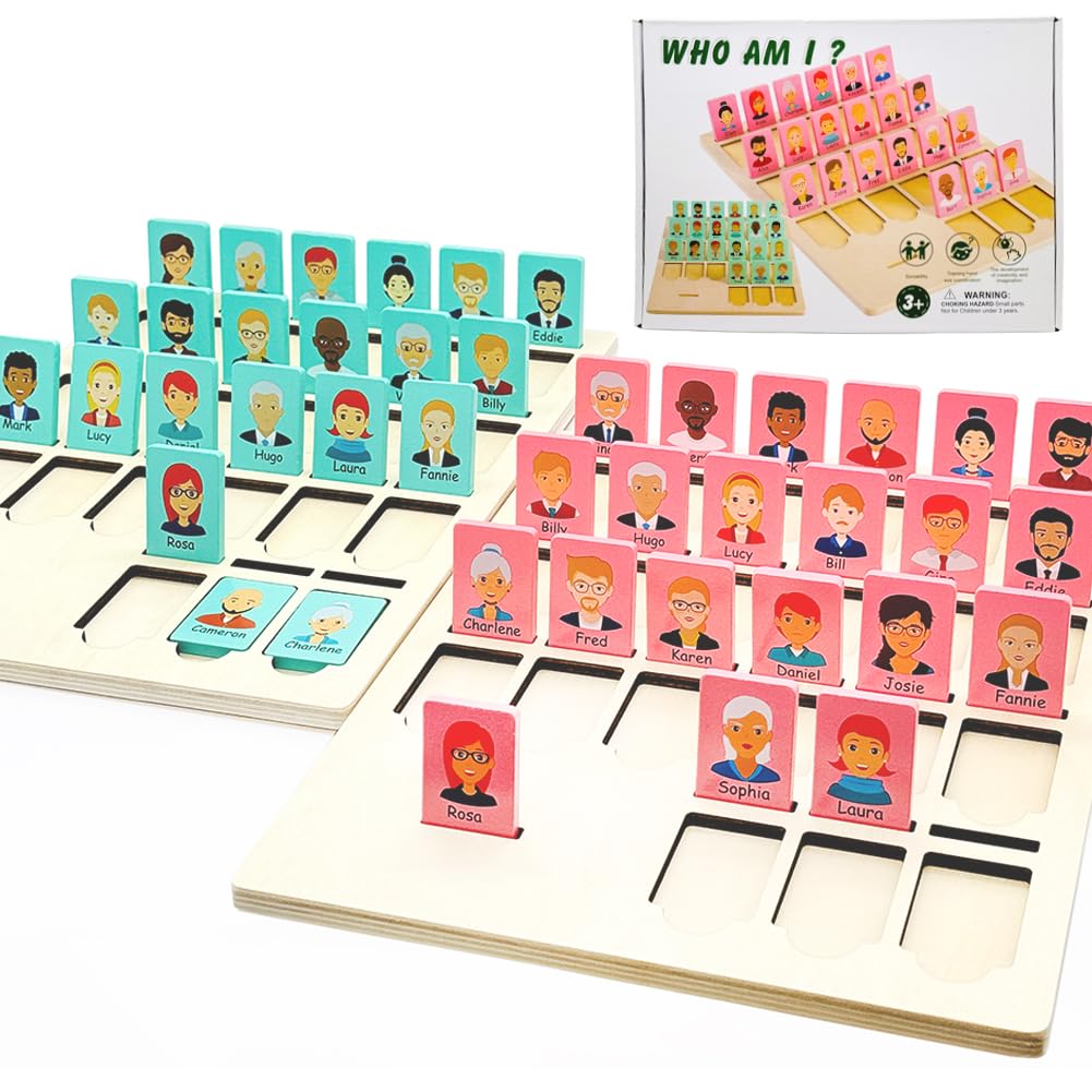 Taken All Guess Game wooden board with blue and pink characters for family guessing fun.