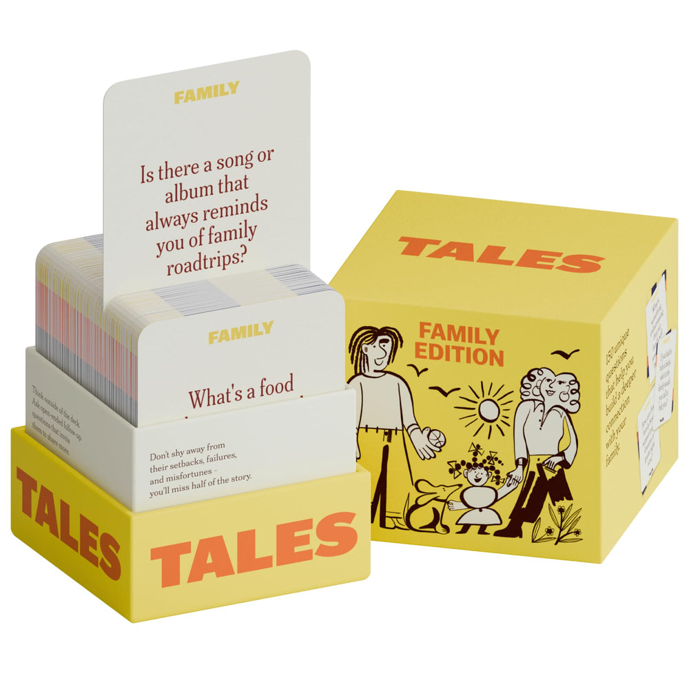 TALES 150 Conversation Cards Family Edition box on table inviting shared stories and laughter.