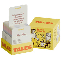 TALES 150 Conversation Cards Family Edition box on table inviting shared stories and laughter.