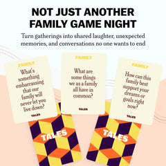 Close-up of TALES Family Edition cards with questions that foster reminiscence.