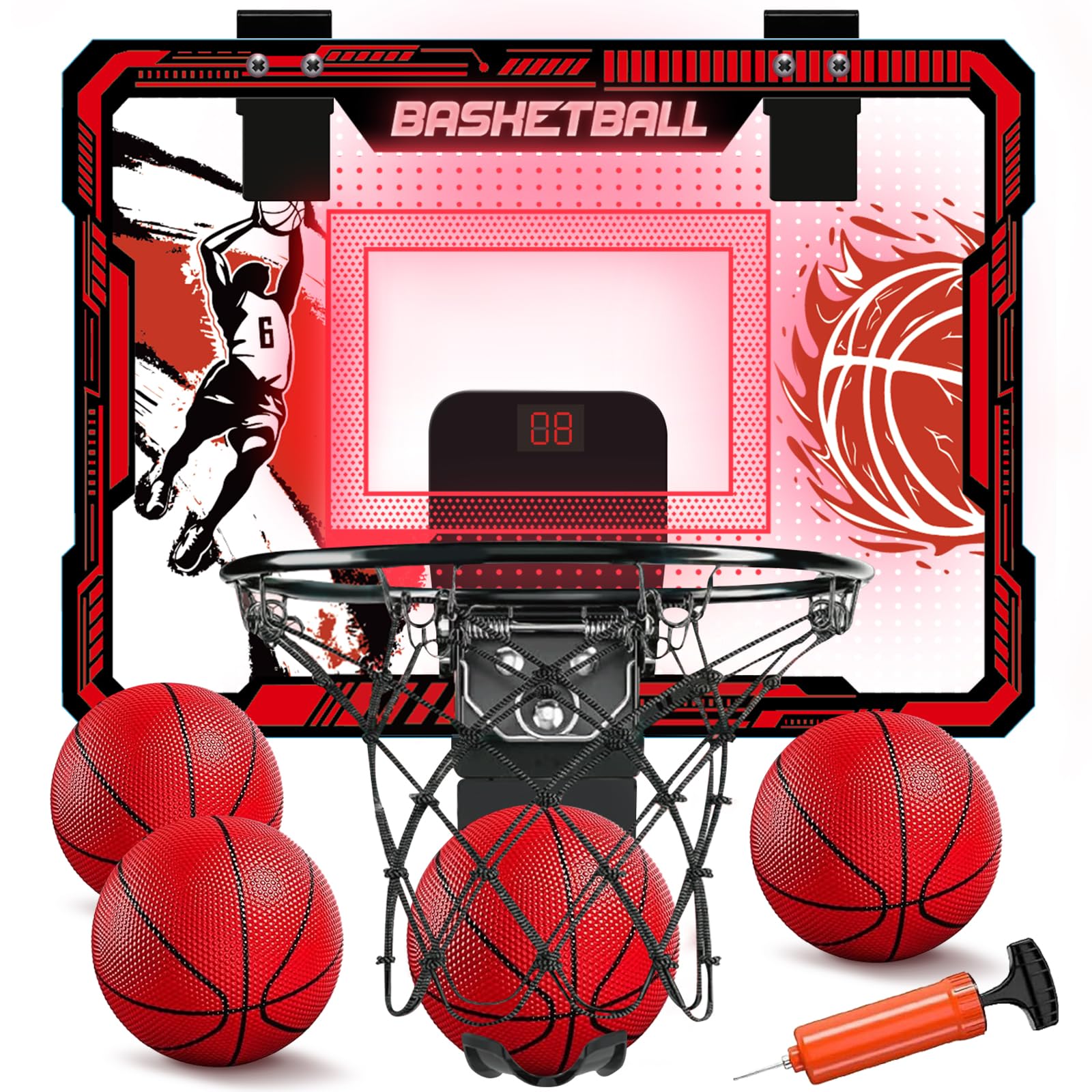 TALGIC indoor hoop with LED scoreboard for kids' games and glowing rebounds