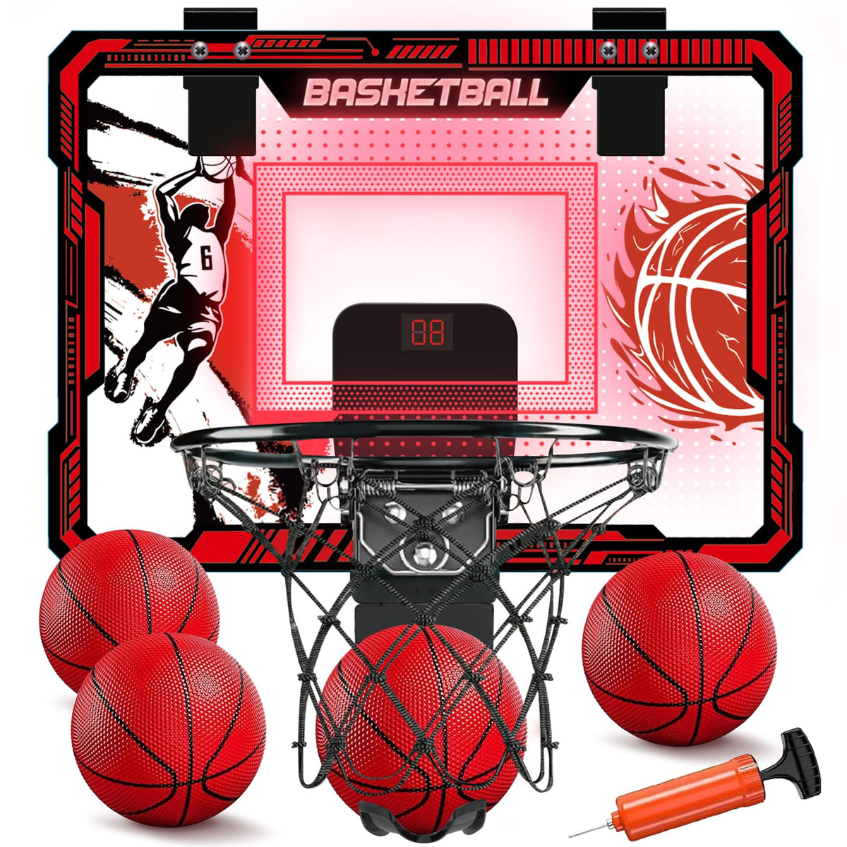 TALGIC indoor hoop with LED scoreboard for kids' games and glowing rebounds