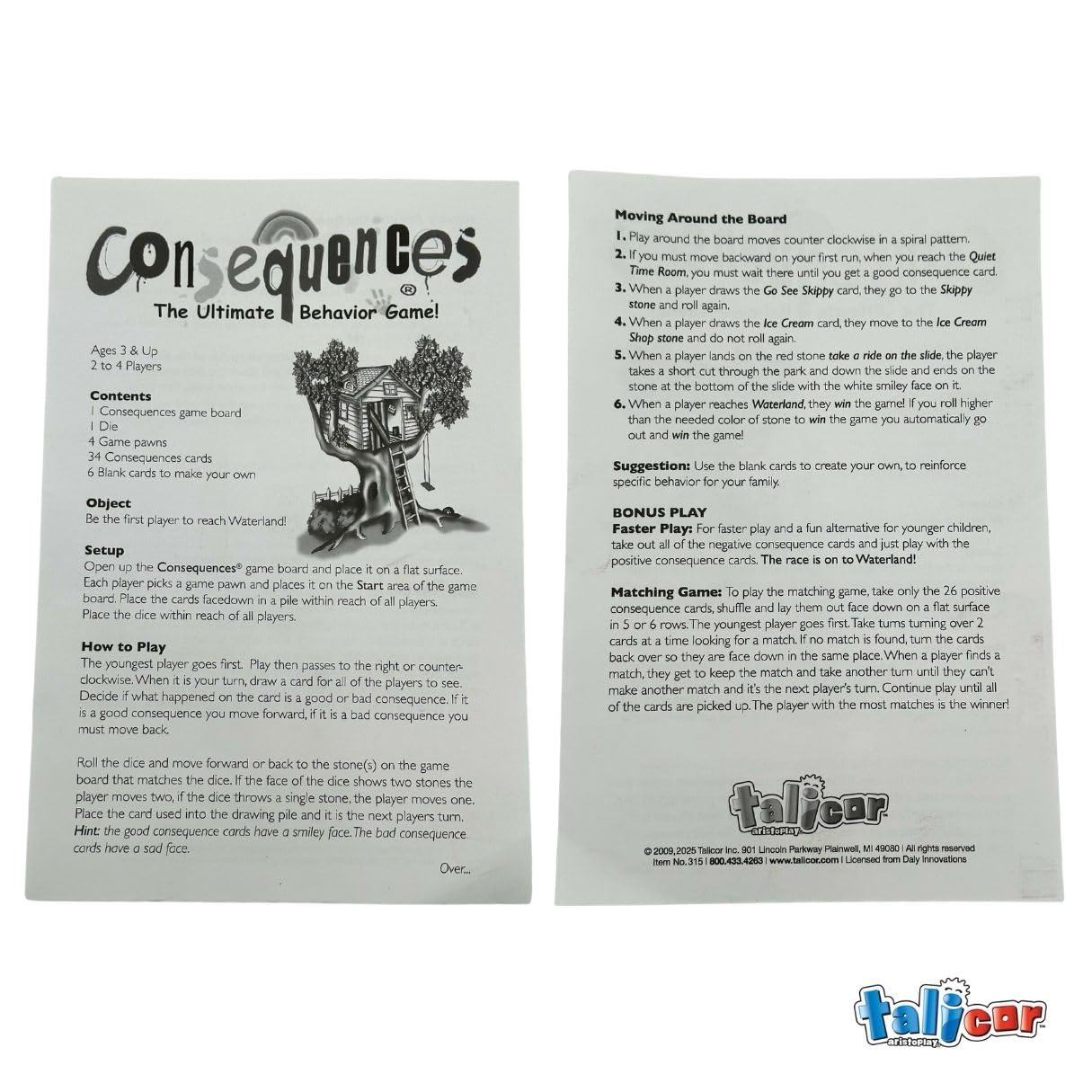 TaliCor Consequences consequence card explains outcomes and reinforces listening during play.