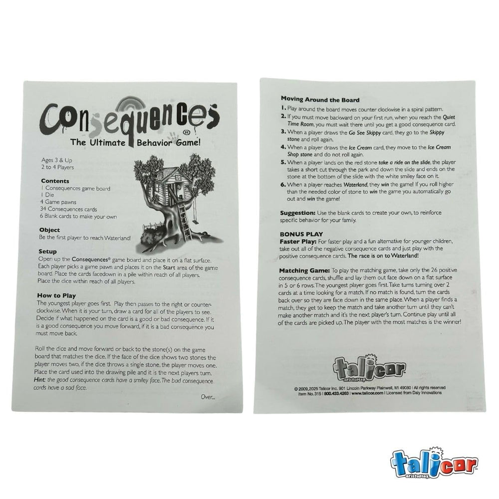TaliCor Consequences consequence card explains outcomes and reinforces listening during play.