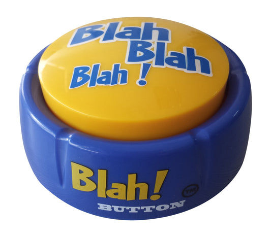 Talkie Toys Blah Button closeup showing varied phrases for quick mood lift at work.