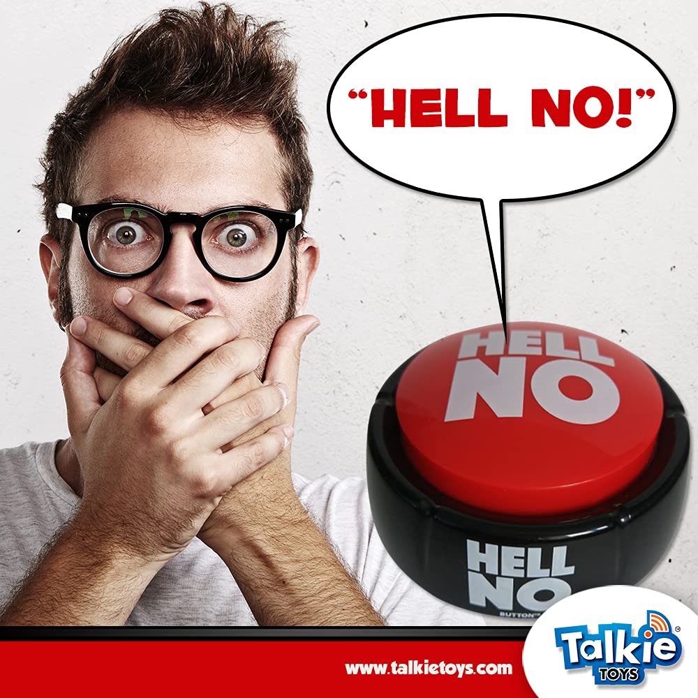 Talkie Toys Hell No Button side view ready for laughs during group discussions.