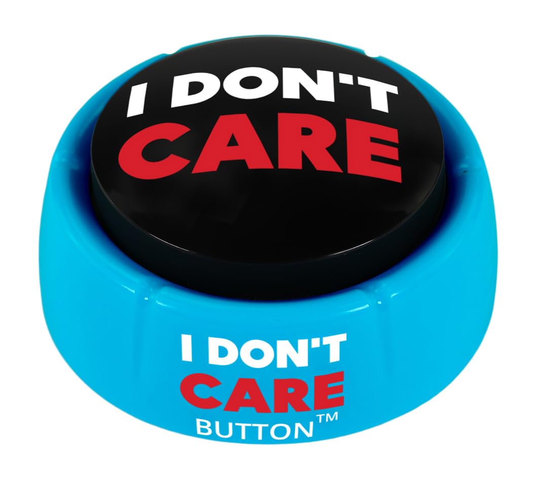 Talkie Toys I Don't Care Button on a desk for quick office humor and stress relief.