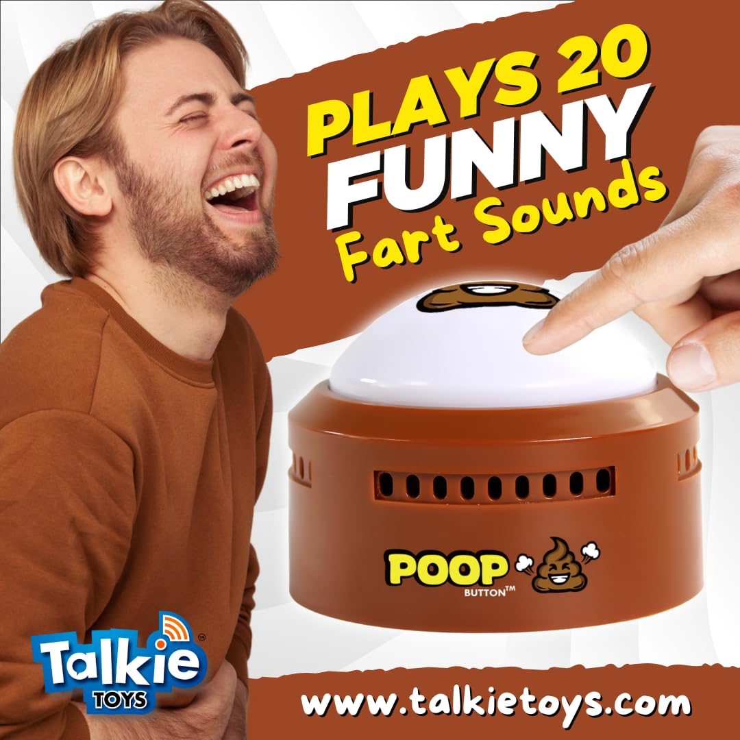 Talkie Toys Poop Button shown in prank setup scenario for instant humor.