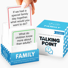 Talking Point Cards 200-family-conversation-deck on table boosts family dialogue and connection