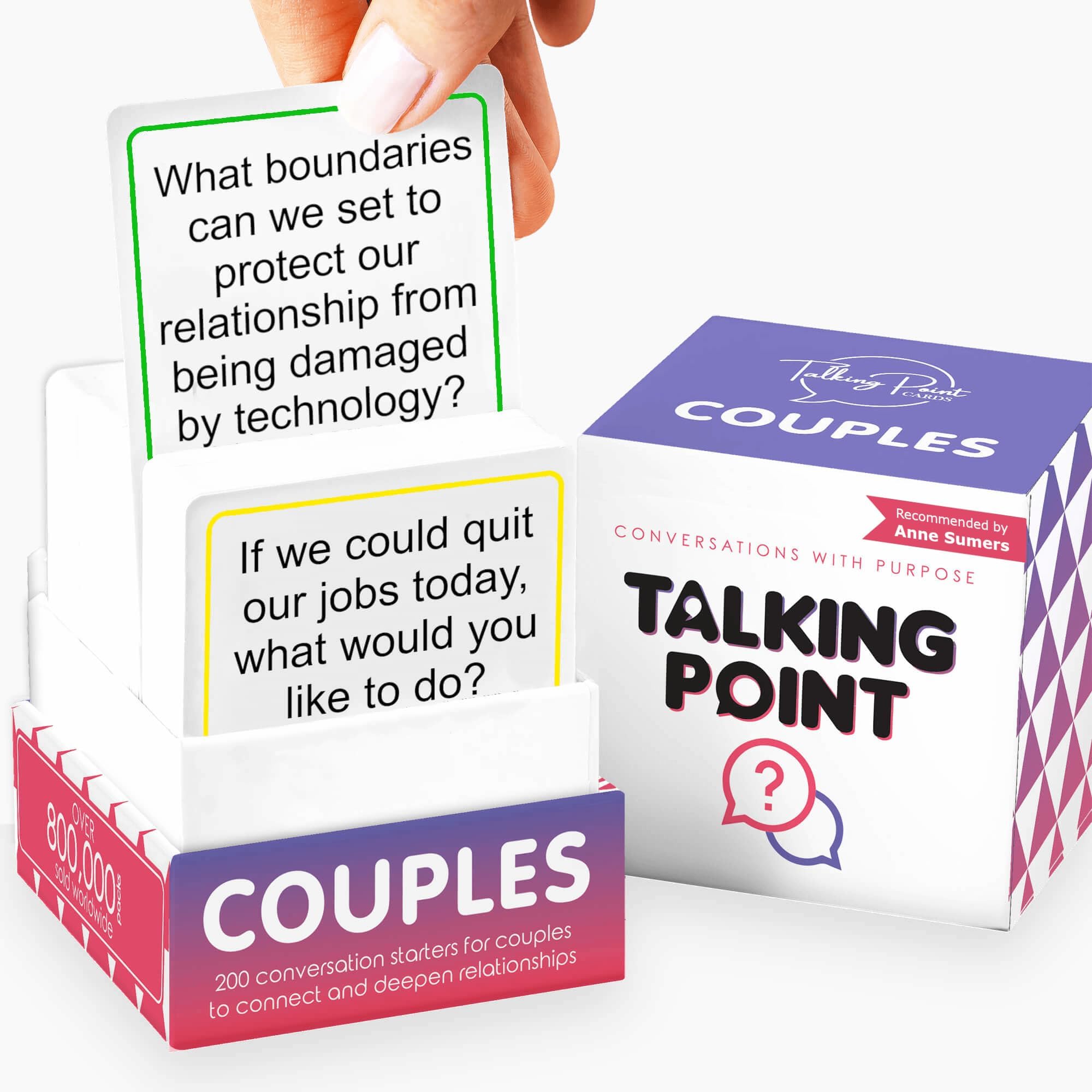 Talking Point Cards COUPLES Pack box open inspires date-night conversation.