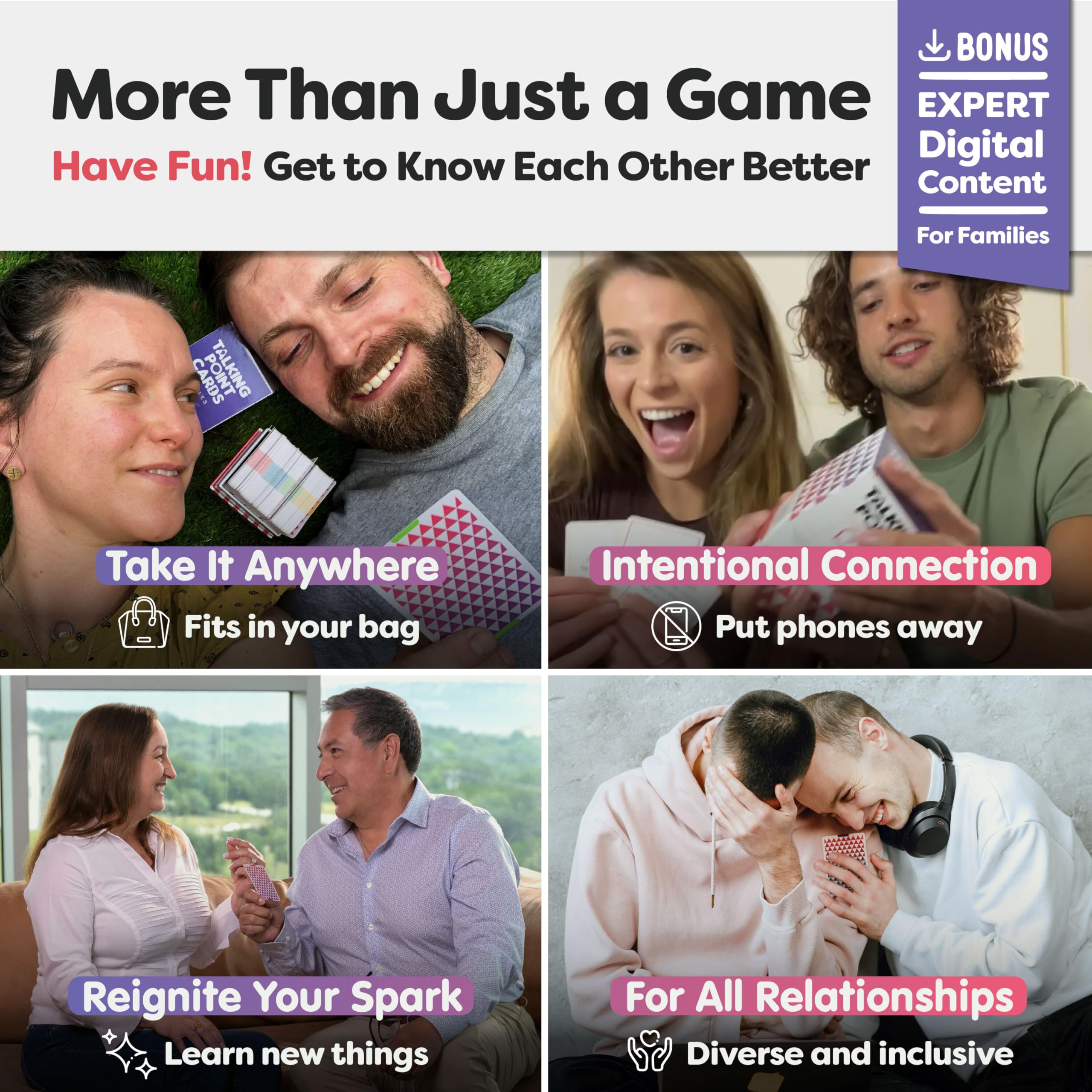 Talking Point Cards four categories graphic illustrates structured conversations.