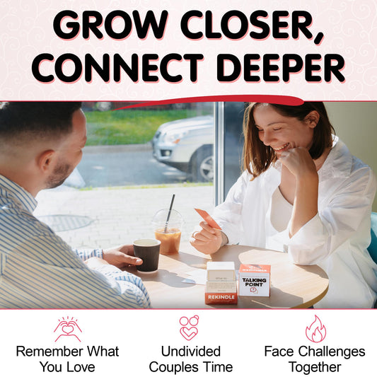 Talking Point Cards Rekindle pack open on table, inviting intimate conversations.