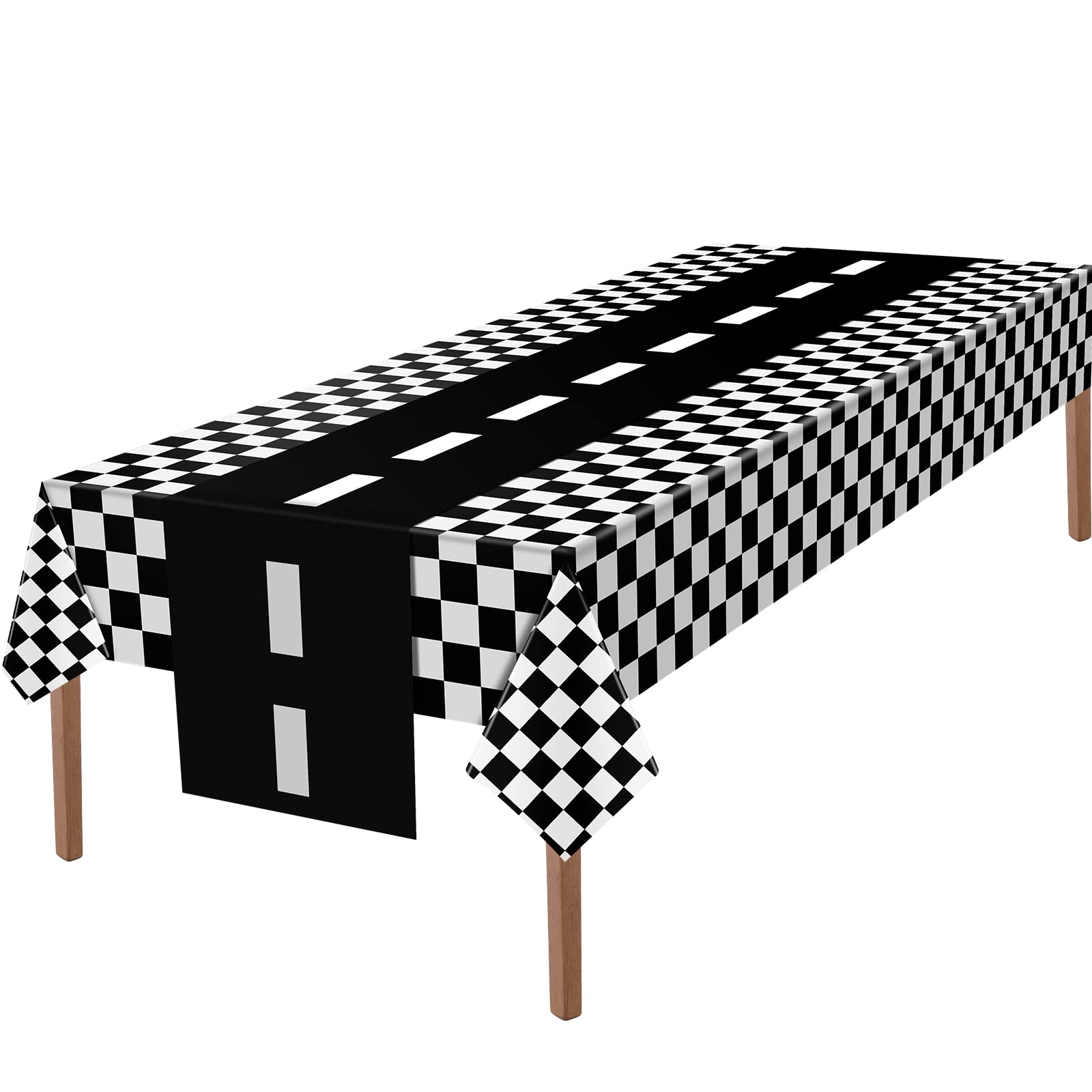 Tallew black and white checkered tablecloth protects surfaces with racing style