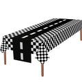Tallew black and white checkered tablecloth protects surfaces with racing style