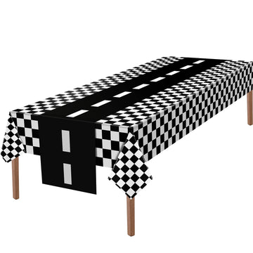 Tallew black and white checkered tablecloth protects surfaces with racing style