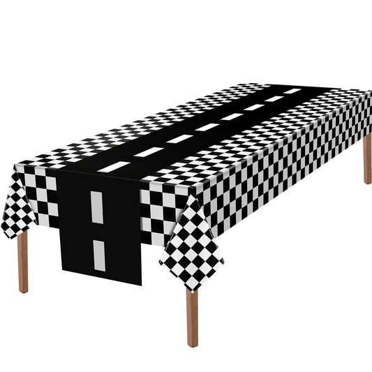 Tallew black and white checkered tablecloth protects surfaces with racing style