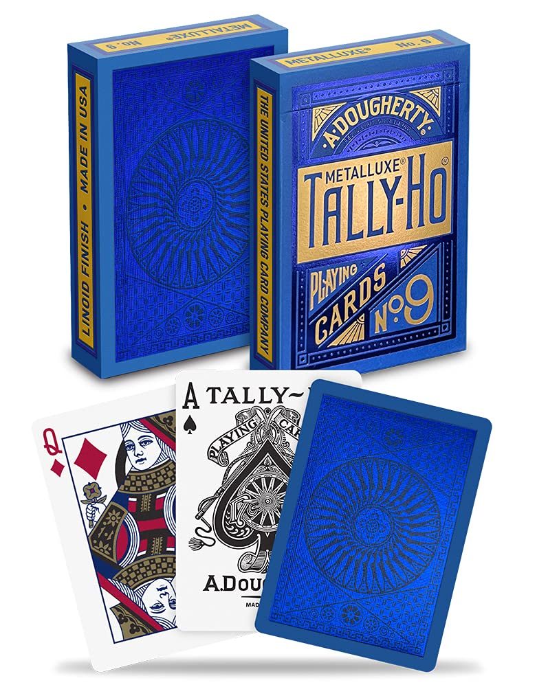 Tally-Ho MetalLuxe blue card faces match the back for cohesive aesthetics.