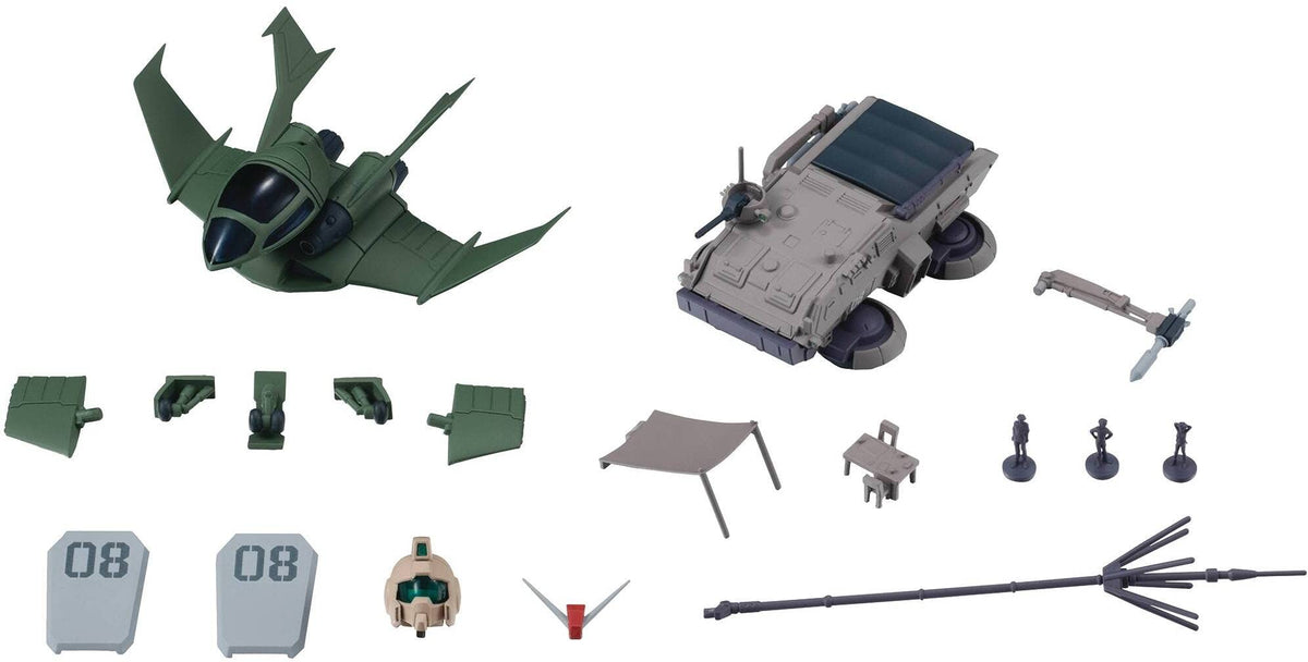 Tamashii Nations 08th MS Team hover truck with multiple display-ready accessories