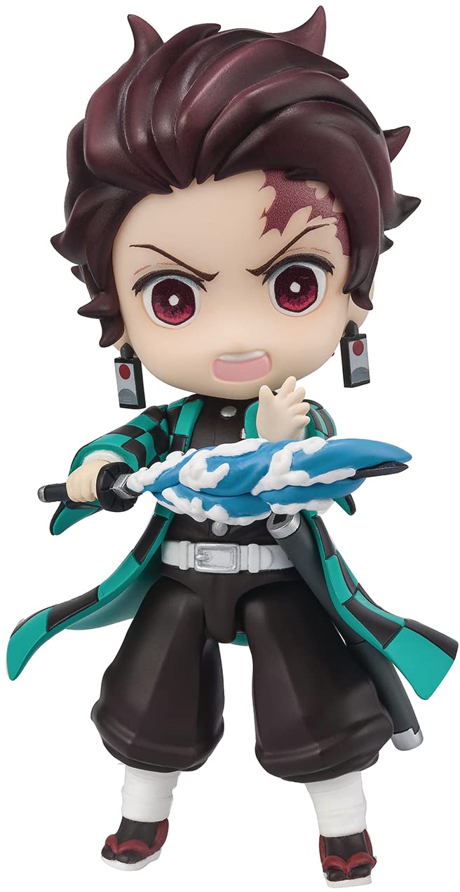 Tamashii Nations Demon Slayer Tanjiro Water Breathing mini-figure close-up eyes showcasing lifelike detail for display.