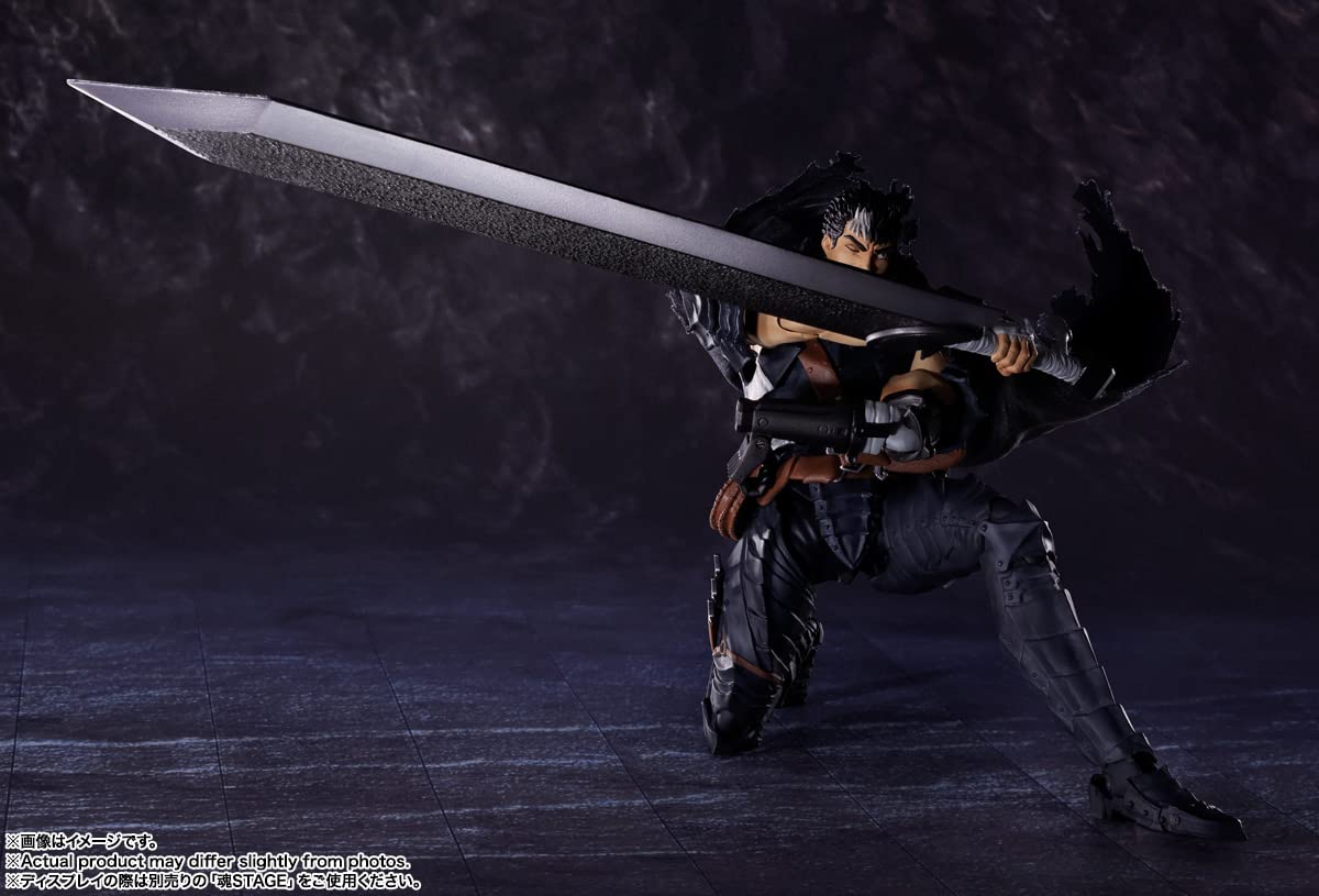 Tamashii Nations Guts cape attachment for dramatic silhouette.