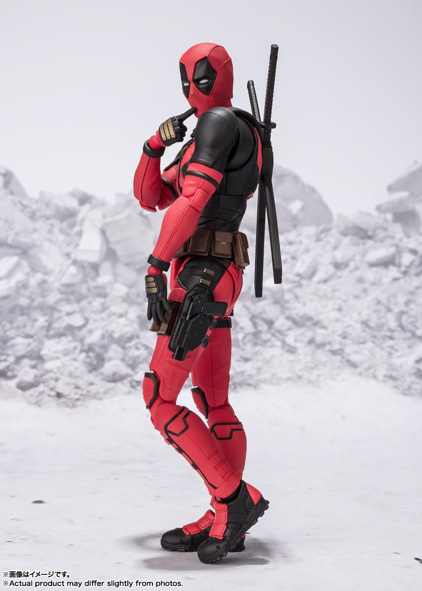 TAMASHII NATIONS Deadpool figure with dynamic pose option for photography.