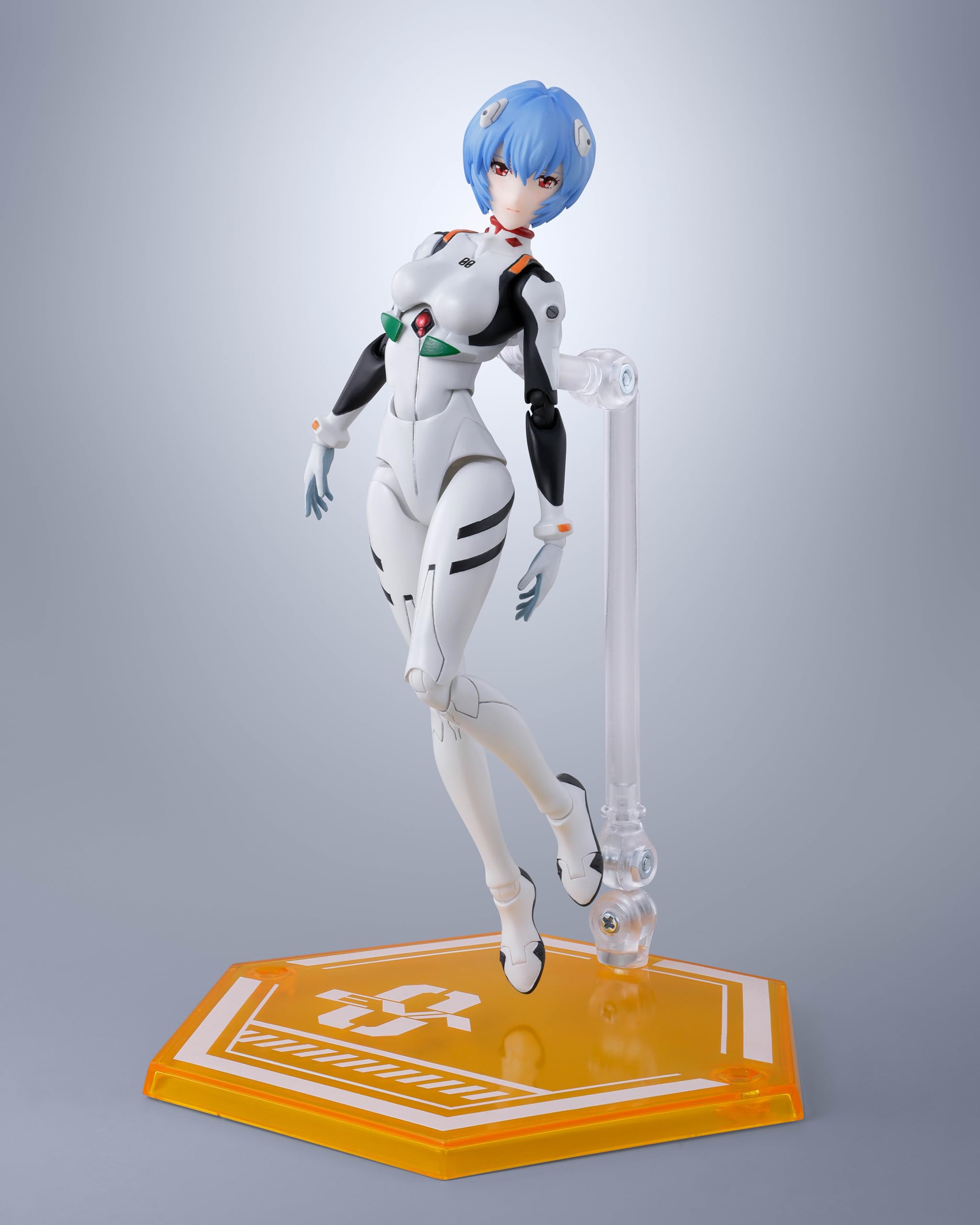 Tamashii Nations Rei Ayanami S.H.Figuarts honeycomb stand supports easy display.