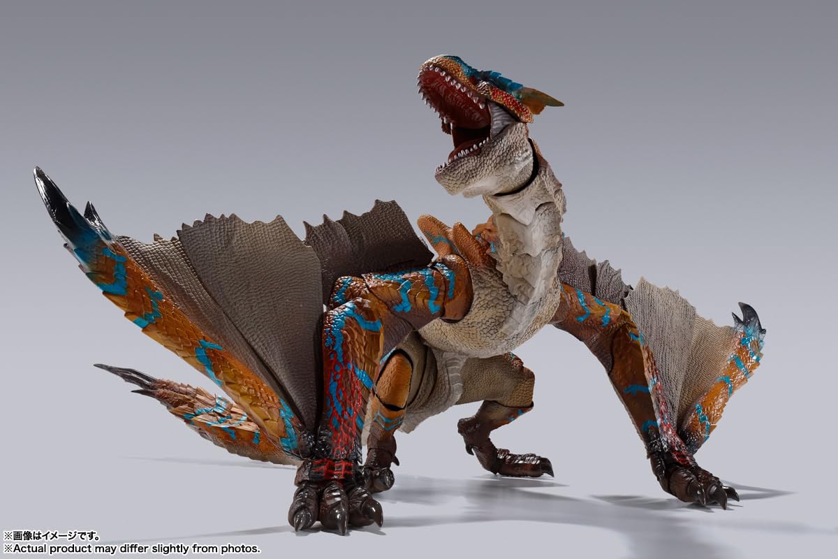Tamashii Nations Tigrex folded wing parts for compact, ready stance.