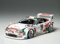 Tamiya 1/24 Castrol Toyota Tom's Supra GT in-display stand showing ready exhibit display.
