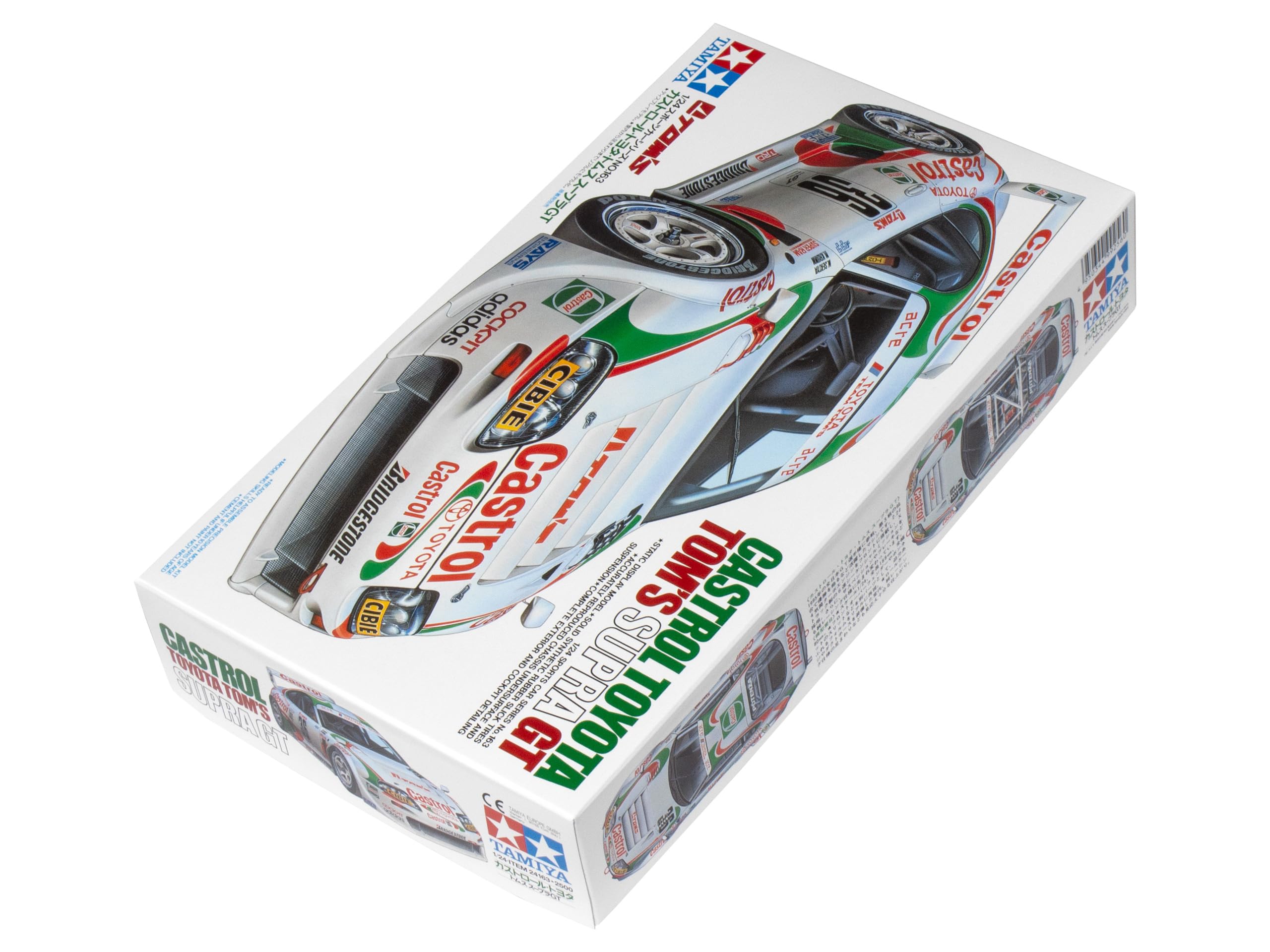 Tamiya 1/24 Castrol Toyota Tom's Supra GT suspension detail enhances realism on display.