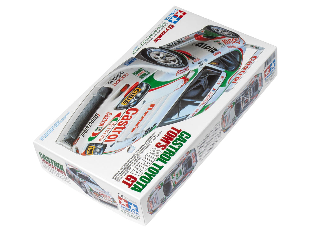 Tamiya 1/24 Castrol Toyota Tom's Supra GT suspension detail enhances realism on display.