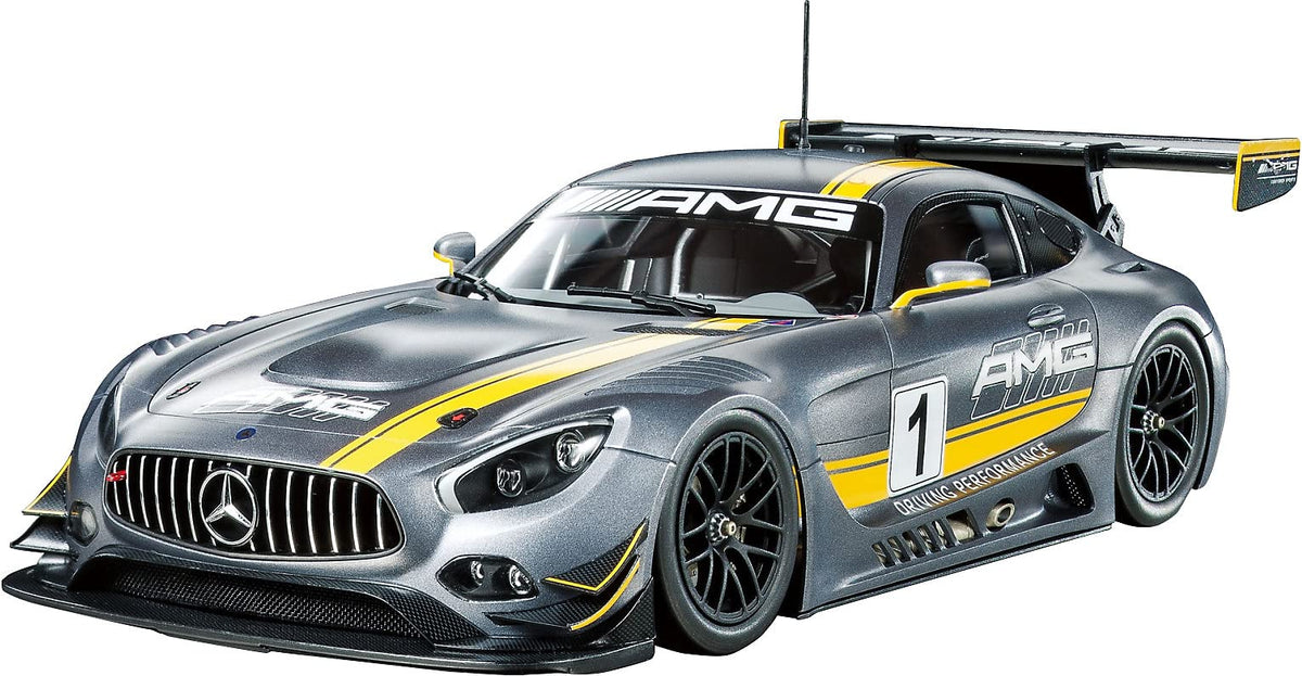 Tamiya Mercedes-AMG GT3 1/24 model front view for precise scale display.