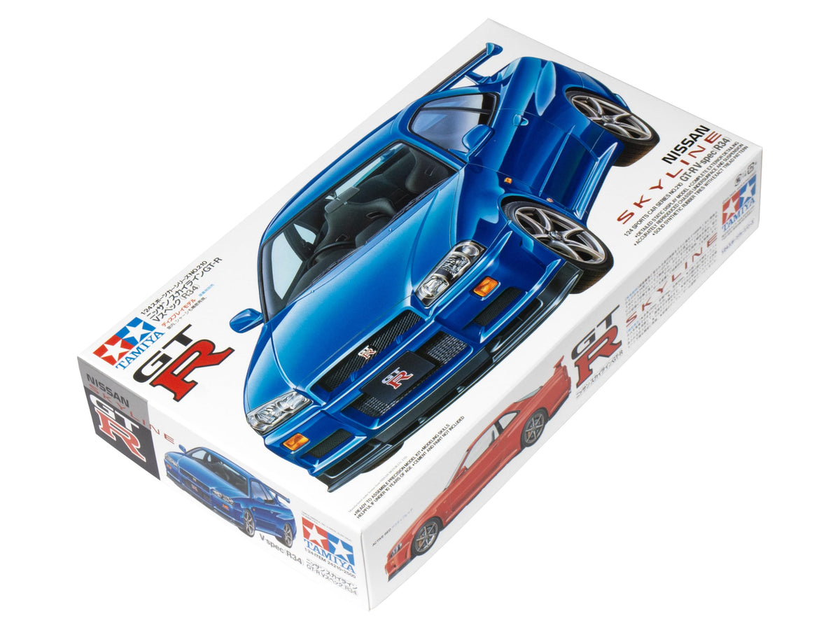 Tamiya Nissan Skyline GT-R V-Spec R34 white box art, ideal for display planning.