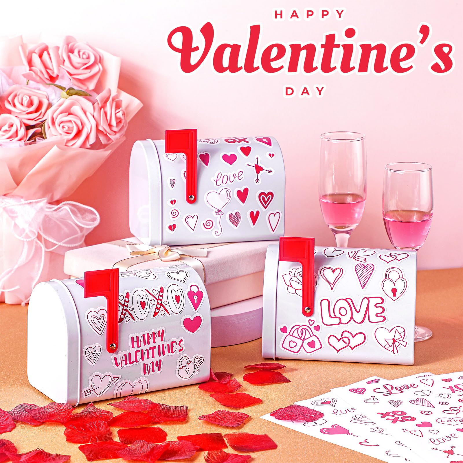 Tandefio Valentine sticker designs set to personalize tiny mailboxes.