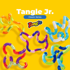 Close-up of Tangle Jr Classic's twistable segments in bright hues for tactile play.
