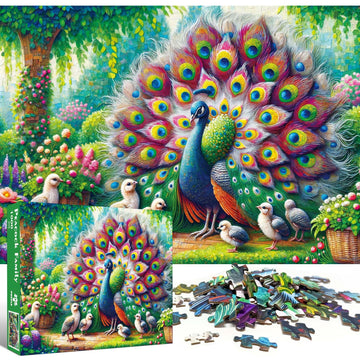 TangMosaic Peacock puzzle pieces close-up highlighting vibrant colors on table