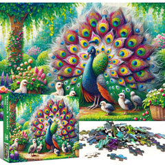 TangMosaic Peacock puzzle pieces close-up highlighting vibrant colors on table