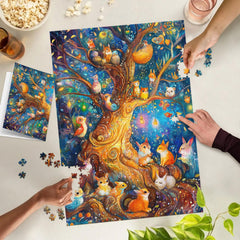 TangMosaic Treehouse Puzzle family-night image emphasizes social, engaging pastime.