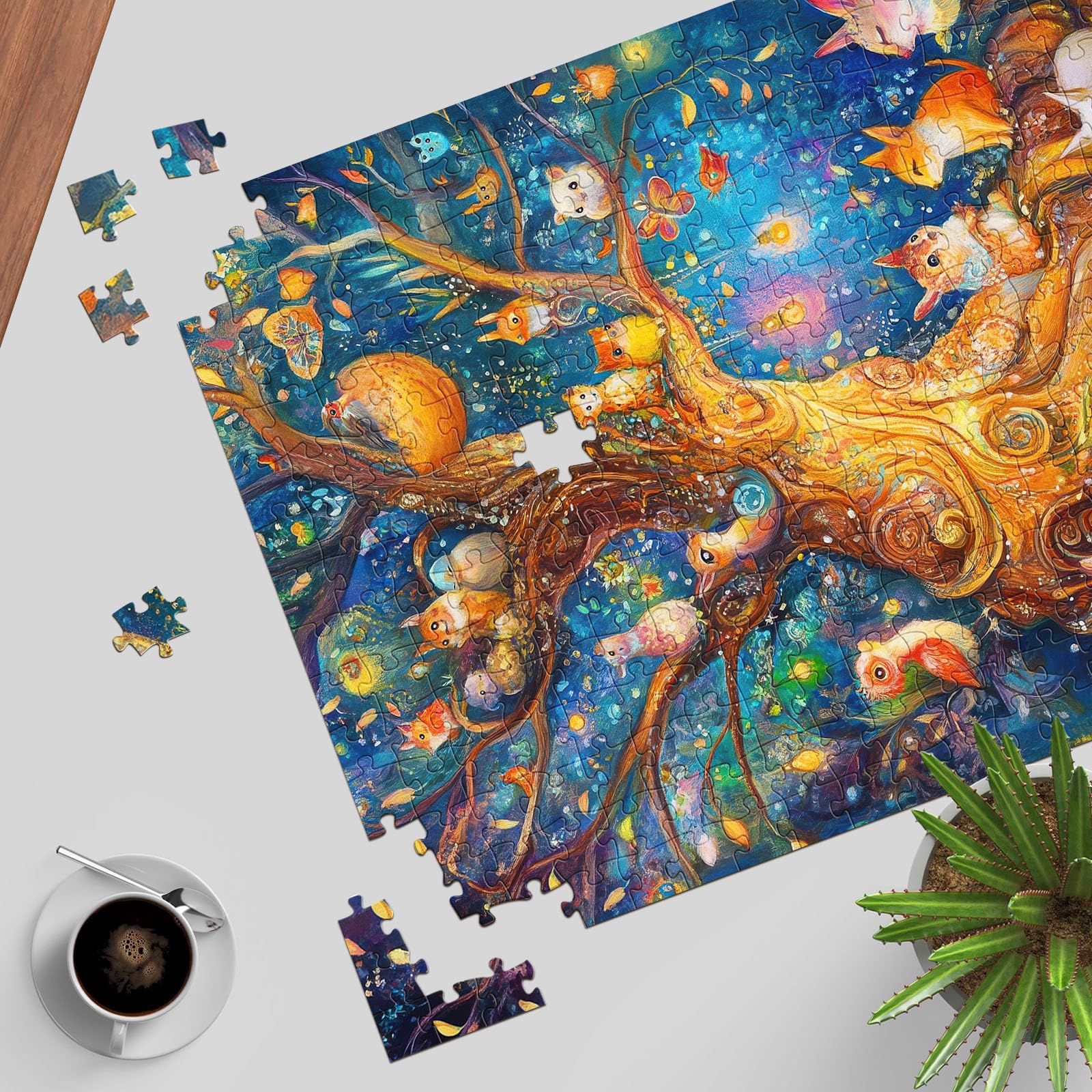 TangMosaic Treehouse Puzzle wooden-table setup supports cozy family game sessions.