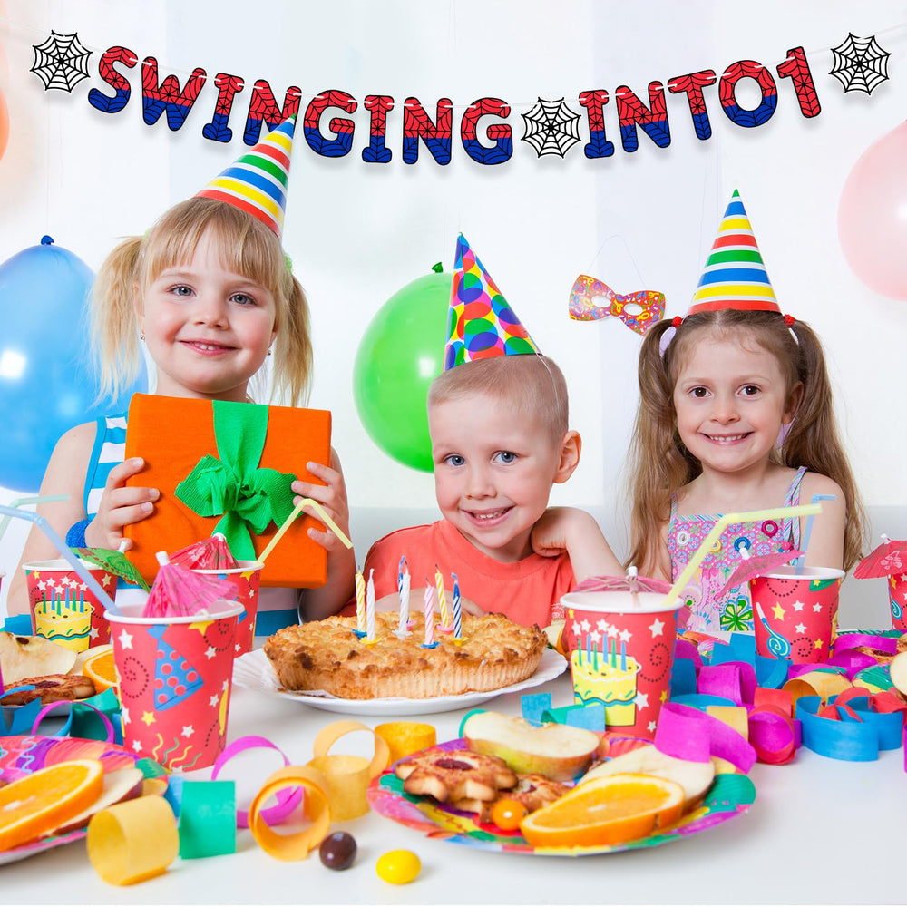 TaoBary Spider Theme Banner pictured with kids for memorable first birthday moments