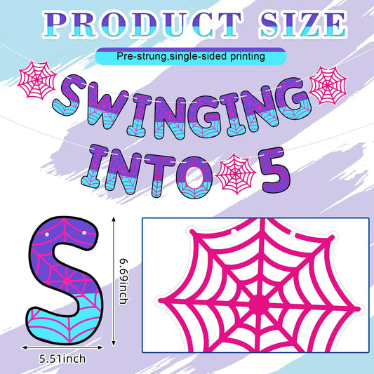 TaoBary swinging-into-5 banner featuring spider motif for kids' party fun