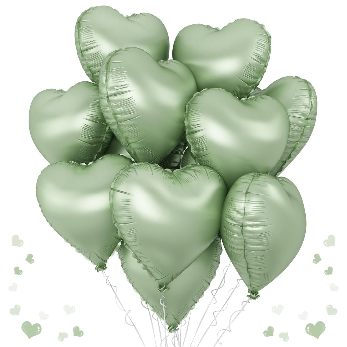 TAOYE sage green heart foil balloons 10-pack for elegant party decor and celebrations.