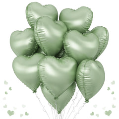 TAOYE sage green heart foil balloons 10-pack for elegant party decor and celebrations.