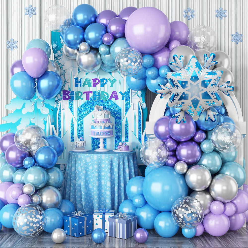 TAOYE Snowflake Balloon Arch Kit setup creates a stunning winter backdrop for celebrations.