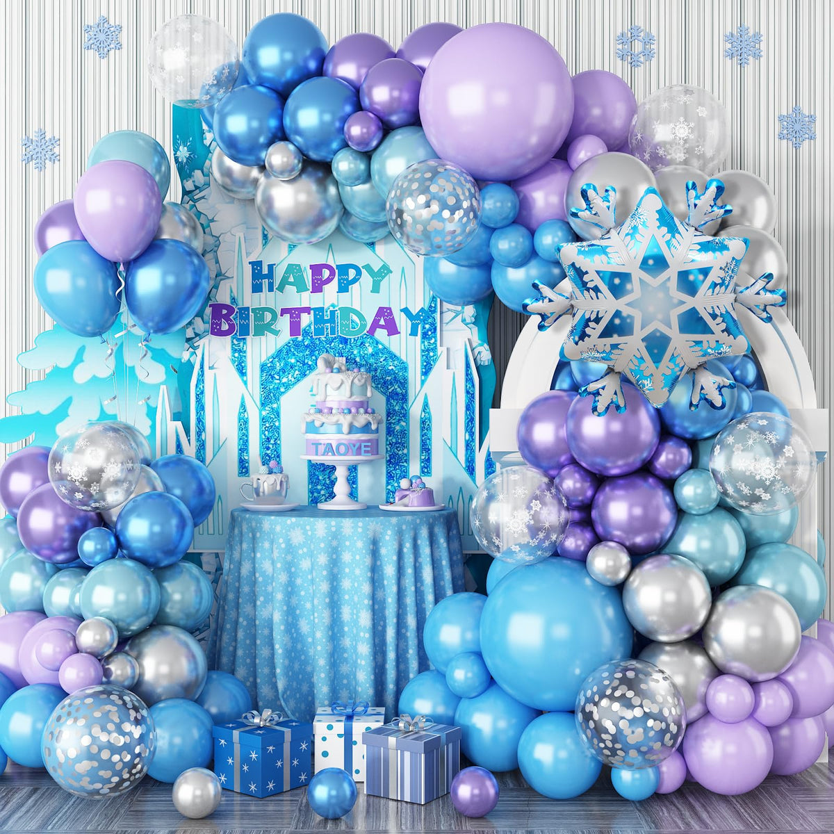 TAOYE Snowflake Balloon Arch Kit setup creates a stunning winter backdrop for celebrations.