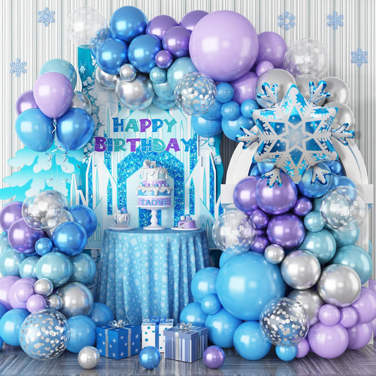TAOYE Snowflake Balloon Arch Kit setup creates a stunning winter backdrop for celebrations.