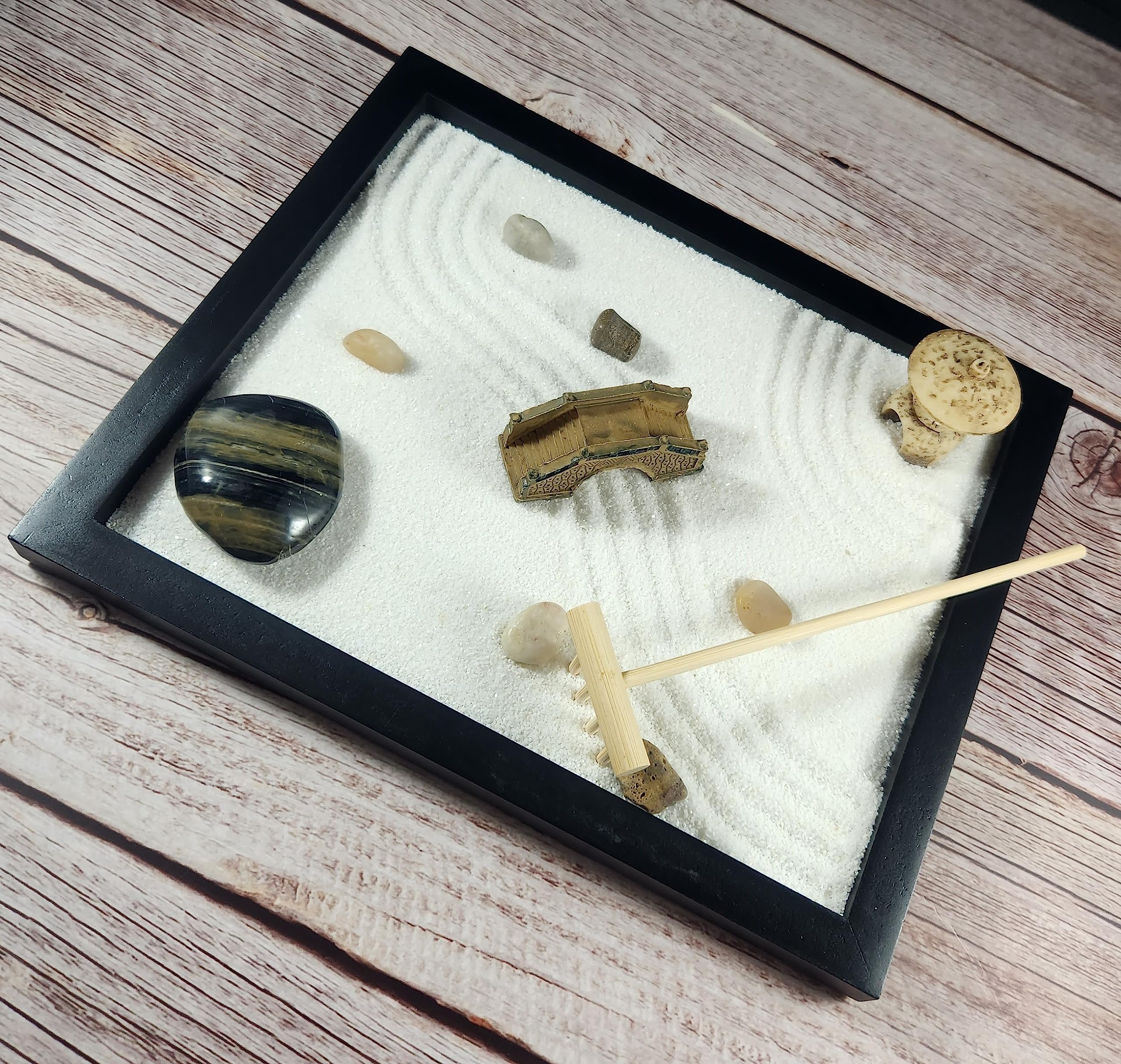 Tapbull Zen Sand Garden bamboo rake enables a relaxing desk routine.